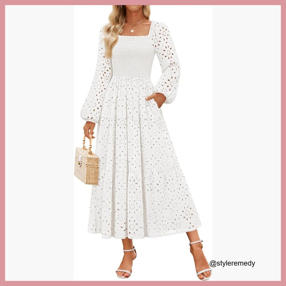 Cotton Long Sleeve Maxi Dress with Square Neck and Hollow Out Eyelet